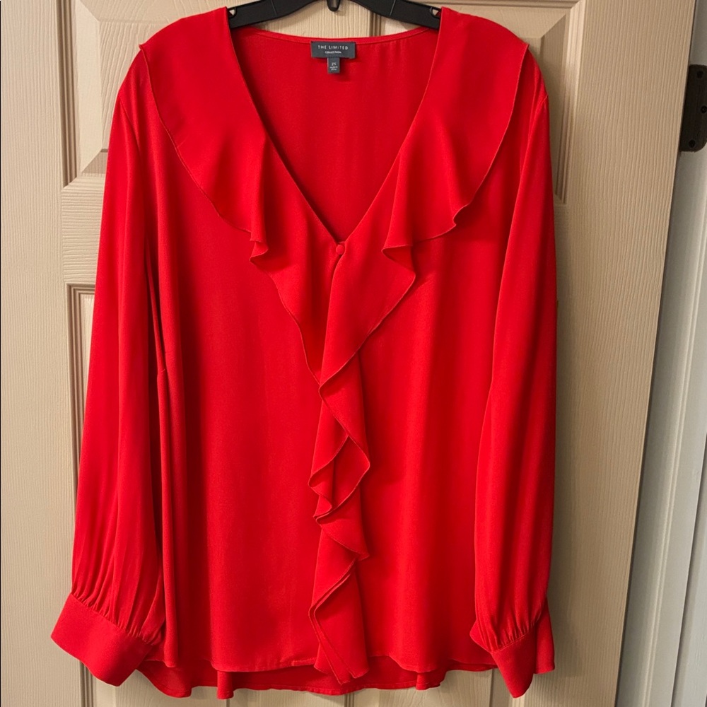 The Limited Bright Red Ruffle V-Neck Blouse